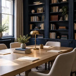 Private office library prepared for a client meeting
