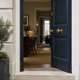 Stone threshold and brass hardware at a discreet London office entrance