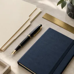 Unmarked planning papers and a fountain pen on a stone desk