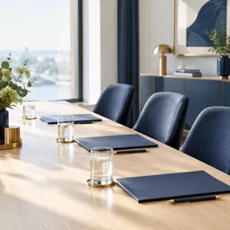 Meeting table set with unmarked folders and empty chairs
