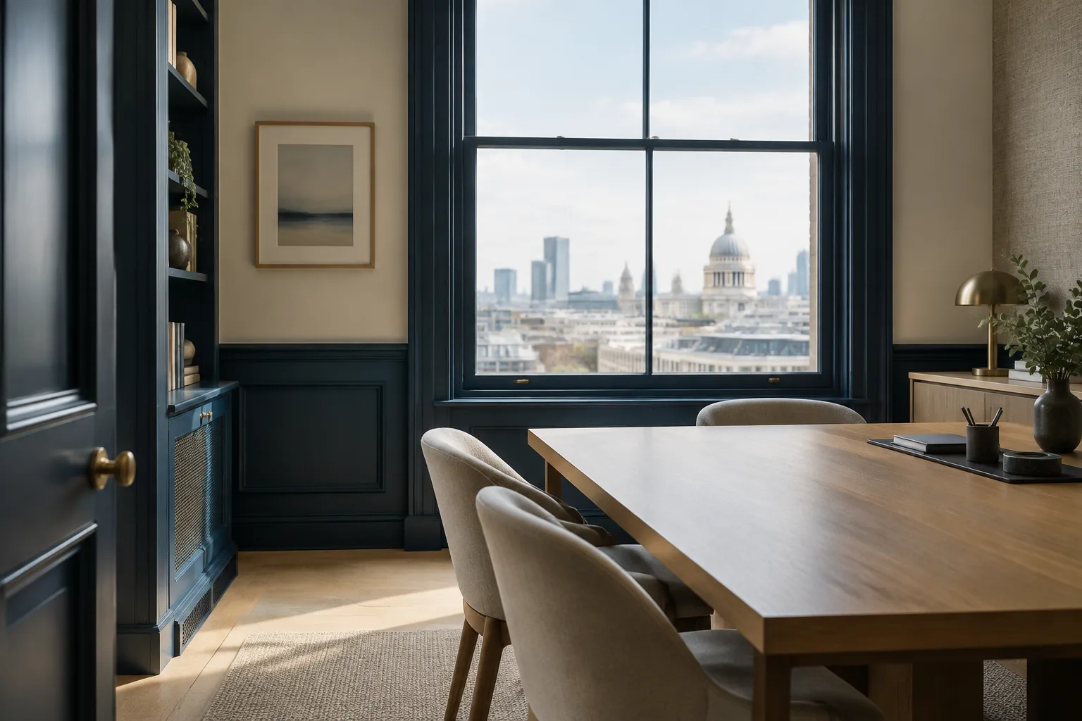 Quiet private office interior with pale oak and a city-facing window