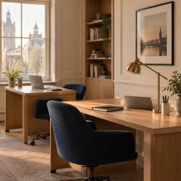 Two workstations in a small, orderly private advisory office